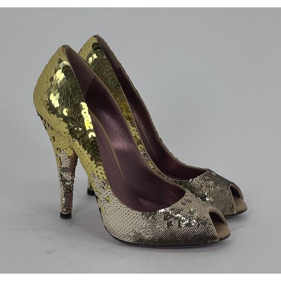 ⭐️ Miu Miu Gold Sequin Open Toe Heels Made in Italy Size 37 / 7 - Picture 2 of 9